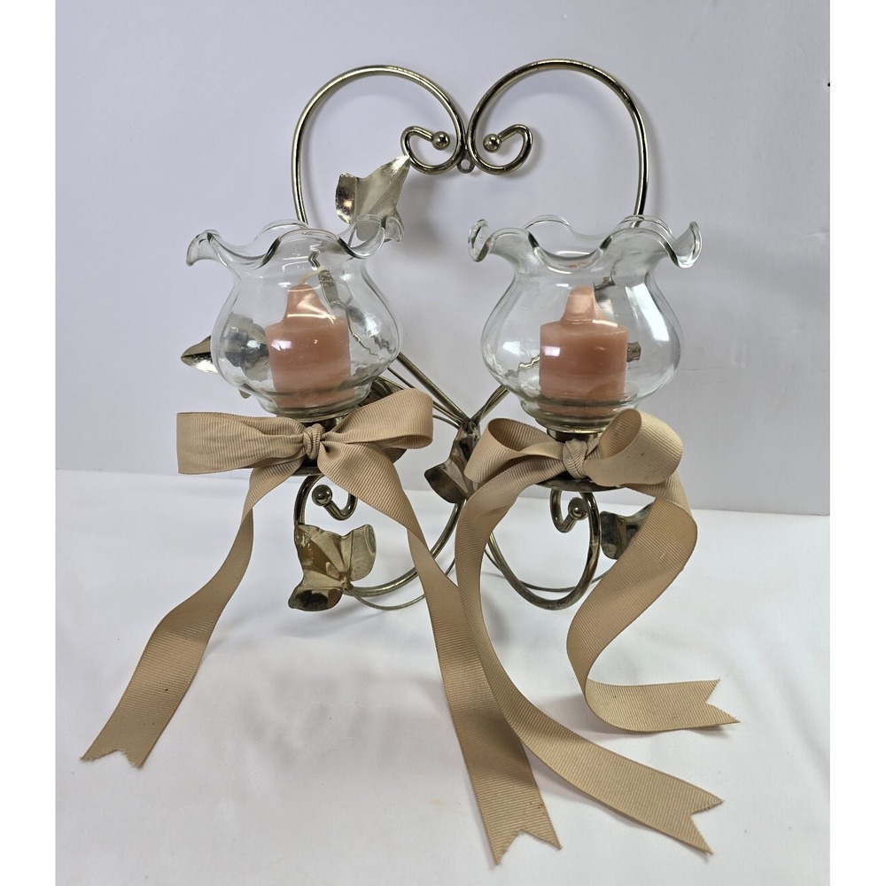 VTG HOMECO Brass Heart Wall Sconce Double Candle Holder Floral Leaf Tulip Votive